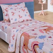 Kit 5 Peças Fantasy = Colcha Solteiro Infantil + Jogo De Lençol - Unicórnio Rosa
