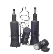 Kit 5 Peças Galheteiros E Saleiros Com Suporte Bico Dosador