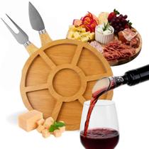 Kit 5 Peças Gourmet Petisqueira de Madeira mais Acessórios para Vinho e Facas para Queijo