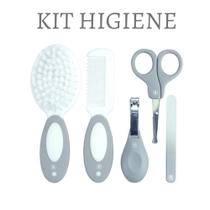 Kit 5 Peças Higiene do Bebê Escova + Pente + Tesourinha Infantil Cinza