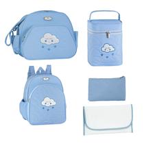 Kit 5 peças nuvem azul- bolsa bebê maternidade + trocador + porta documentos + mochila pequena + porta mamadeira térmico