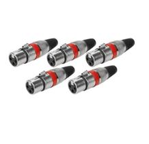 Kit 5 Peças Plug XLR Cannon Fêmea Profissional Vermelho