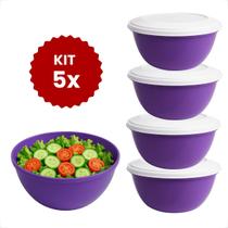 Kit 5 Peças Saladeira Oval Potes Plástico com Tampa Branca Cozinha BPA Free