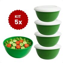 Kit 5 Peças Saladeira Oval Potes Plástico com Tampa Branca Cozinha BPA Free