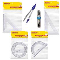 Kit 5 peças Transferidor Esquadro Compasso Escolar Geometria