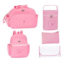 Kit 5 peças urso rosa - bolsa bebê maternidade + trocador + porta documentos + mochila pequena + porta mamadeira térmico