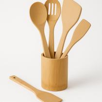Kit 5 Peças Utensílios Em Bambu Conjunto Colher De Pau para Cozinha (4 Talheres com Suporte)