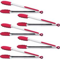 Kit 5 Pegadores de Silicone Salada Massa Carne Pegador Grande Pinça Inox Vermelho Coza