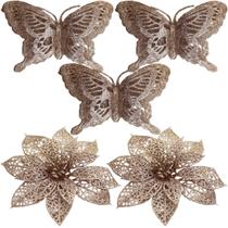 Kit 5 Pendente Borboleta Flores Rose Gold Enfeite Natalino