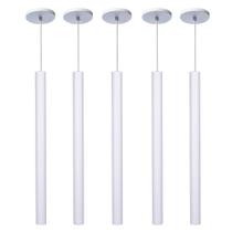 Kit 5 Pendente Luminária Tubo Branco 50 Cm + Lâmpada LED Branco Quente