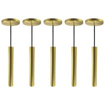 Kit 5 Pendente Luminária Tubo Dourado Escovado 30 Cm + Led