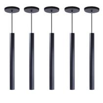 Kit 5 Pendente Luminária Tubo Preto 40 Cm + Lâmpada LED Branco Neutro