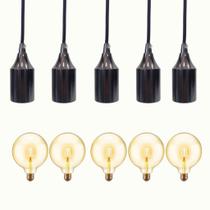 Kit 5 Pendente Preto Perola Liso Cabo Alumínio Soquete E27 Decorativo Luxo Bivolt + Lâmpada G125