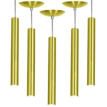 Kit 5 Pendente Tubo Cilindro Alumínio Dourado 40Cm + Led 3k Kit 5 Pendente Tubo Cilindro Alumínio Dourado 40Cm + Led 3k