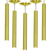 Kit 5 Pendente Tubo Cilindro Alumínio Dourado 50Cm + Led 6k