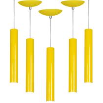 kit 5 Pendente Tubo Cilindro Amarelo 30Cm + Led 6k