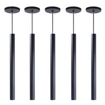Kit 5 Pendente Tubo Cilindro Preto 50 Cm Cabo 4m