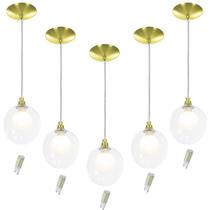 Kit 5 Pendentes Harmony Bolinha Dourado + Lampada G9 6000k