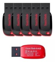 Kit 5 Pendrive Usb 64gb Flash Drive Memory Stick Blade 2.0 Cor Preto E Vermelho Lisa