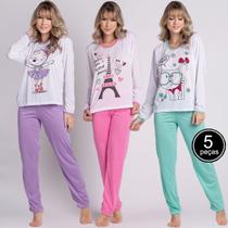 Kit 5 Pijama Malha Vekyo Feminino Longo Inverno Blusa Manga Longa e Calça