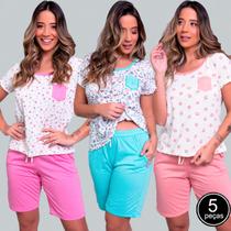 Kit 5 Pijamas Malha Estampado Feminino Manga Curta Dormir