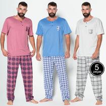 Kit 5 Pijamas Masculino Blusa Manga Curta Calça Longa Estampada