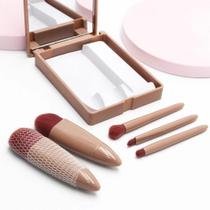 Kit 5 Pinceis Com Estojo e Espelho Portátil Quadrado/Aplicador de Maquiagem