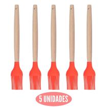 Kit 5 Pincel Culinário Silicone Vermelho Cabo Bambu Cheff