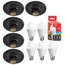 Kit 5 Plafonier Plafon Soquete E27 Preto Com 5 Lâmpada Led 4W Autovolt Cor Da Luz Amarela P/ Sala Quarto Cozinha