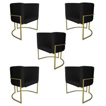 Kit 5 Poltronas Decorativa Luana Base Gold PU Preto - Montanaris Decor