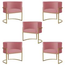Kit 5 Poltronas Decorativa Sala de Estar Luana Base Gold Suede Rosa - Montanaris Decor