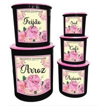 Kit 5 Porta Mantimentos Redondo Decorado Plástico de Qualidade