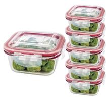 Kit 5 Pote De Vidro 520ml Hermético Marmita Fit Tampa Silicone 4 Travas Vermelho