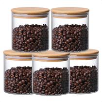 Kit 5 Pote de Vidro com Tampa de Bambu Oikos 500ML Hermético Redondo Empilhável