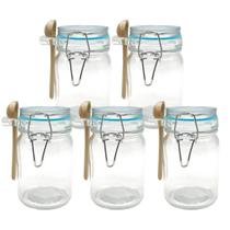 Kit 5 Pote Hermético De Vidro Com Trava e Colher de Bambu Redondo 280ml