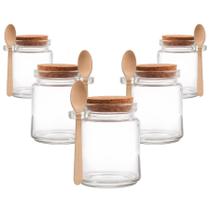 Kit 5 Pote Porta Tempero Redondo Vidro com Colher de Bambu e Tampa Rolha 200ml