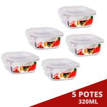 Kit 5 Pote Tampa Hermetica Quadrado de Vidro 320ml Multiuso
