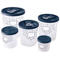 Kit 5 Potes de Mantimentos de Plástico Redondo Decorado Porta Alimentos de Cozinha Azul Marinho