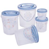 Kit 5 Potes de Mantimentos de Plástico Redondo Decorado Porta Alimentos de Cozinha Azul Mediterrâneo