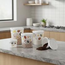 Kit 5 Potes de Mantimentos de Plástico Redondo Decorado Porta Alimentos de Cozinha Branco Kit 5 Potes de Mantimentos de Plástico Redondo Decorado Porta Alimentos de Cozinha Branco