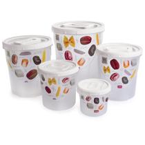 Kit 5 Potes de Mantimentos de Plástico Redondo Decorado Porta Alimentos de Cozinha Branco