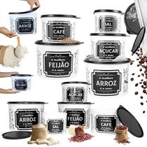 Kit 5 Potes de Mantimentos Plástico Decorado Preto Frases