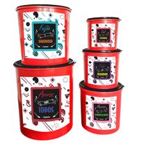 Kit 5 Potes de Mantimentos Redondo Plástico Decorado Armazene com Estilo