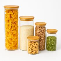 Kit 5 Potes de Vidro Borossilicato com Tampa de Bambu Hermética para Mantimentos Armazenamento Moderno e Organizado Kit 5 Potes de Vidro Borossilicato com Tampa de Bambu Hermética para Mantimentos Armazenamento Moderno e Organizado