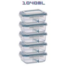 Kit 5 Potes de Vidro com Divisória Marmita 4 Travas 1040ml Kit 5 Potes de Vidro com Divisória Marmita 4 Travas 1040ml