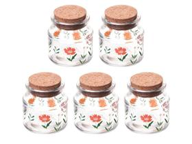 Kit 5 Potes De Vidro Com Rolha Cortiça Estampa Floral 140ml Kit 5 Potes De Vidro Com Rolha Cortiça Estampa Floral 140ml