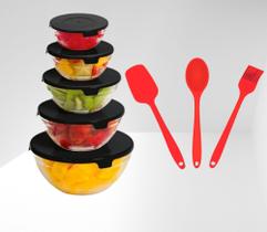 Kit 5 Potes de Vidro com Tampa + 3 Utensilios Colher Espátula Pincel de Silicone Premium - Original Line