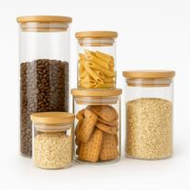 Kit 5 Potes de Vidro com Tampa de Bambu Herméticos Redondos