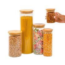 Kit 5 potes de vidro e tampa de bambu herméticos redondos - Tüd