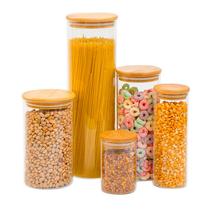 Kit 5 potes de vidro e tampa de bambu herméticos redondos - Tüd
